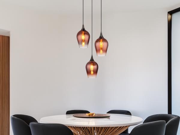 Ausgefallene LED Pendelleuchte mit drei Kupferfarbigen Glasschirmen, Ø 45cm