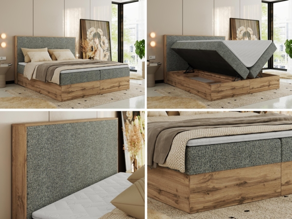 Doppelbett, Boxspringbett mit Bettkästen, Multipocket-Matratze und Topper, Set mit Kopfteil, Eiche Wotan Holzrahmen - WOOD CLASSIC - 200 x 200 cm - Grau Struktur - H3 Bild 2