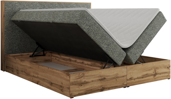 Doppelbett, Boxspringbett mit Bettkästen, Multipocket-Matratze und Topper, Set mit Kopfteil, Eiche Wotan Holzrahmen - WOOD CLASSIC - 200 x 200 cm - Grau Struktur - H3 Bild 5