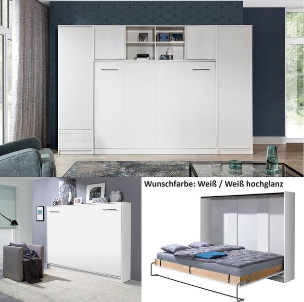 QMM TraumMöbel Schrankbett Wandbett HB 140x200 mit 2 Schränken & Aufsatz (Möbel-Set, 4-St, Schrankbett horizontal 140x200, Aufsatz zum Schrankbett, 2 Schränke) Farbauswahl