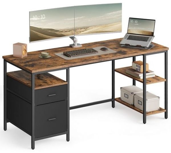 VASAGLE Schreibtisch mit 3 Ablagen, Bürotisch mit 2 Schubladen, 160 x 60 x 76 cm, Industrie-Stil, braun-schwarz