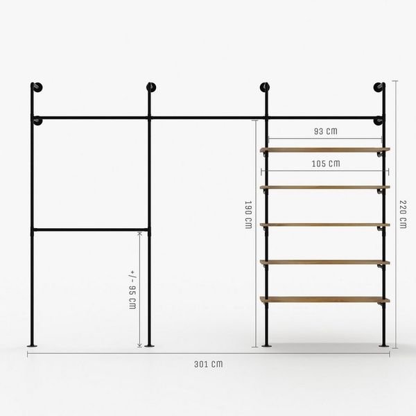 pamo. design Kleiderständer, (offener Wandschrank mit 5 höhenverstellbaren Eichen-Ablagen), geräumiger und offener Kleiderschrank JONTE Eiche