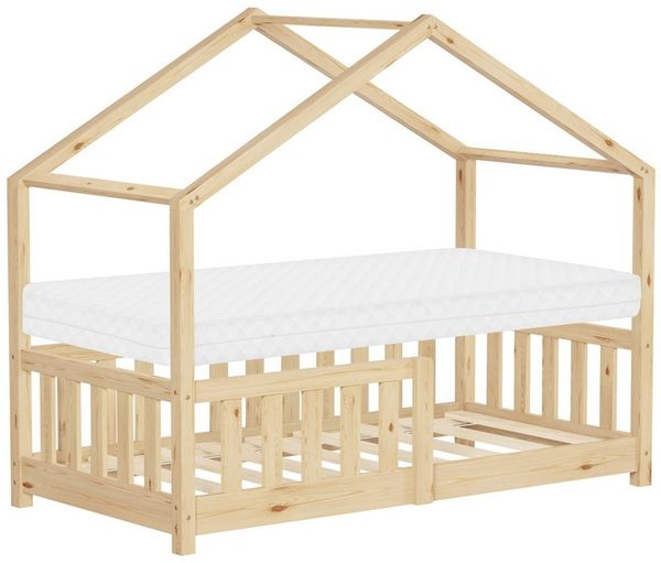 ML-DESIGN Spielbett Hausbett Kinderbett inkl. Lattenrost & Rausfallschutz Kinder Bodenbett, Abenteuerbett 70x140 cm mit Matratze Himmelbett Kiefer Jugendbett Natur