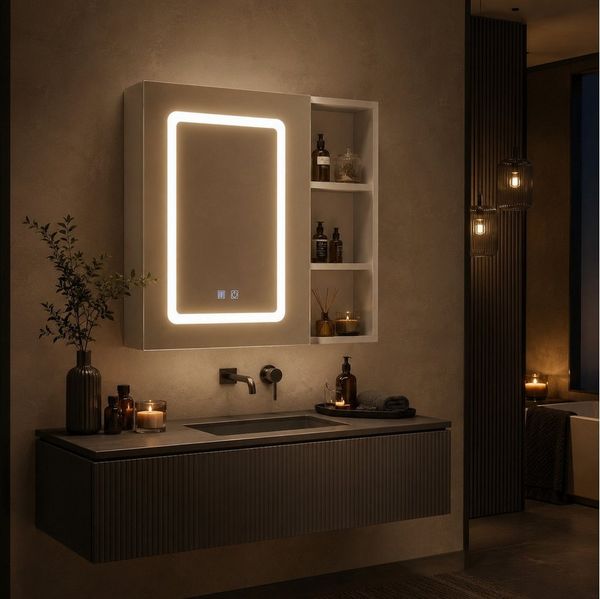 Simurq Badezimmerspiegelschrank Spiegelschrank Bad Mit LED, Offenes Regalen, Wandschrank Hängeschrank (Set, Spiegelschrank Mit LED Beleuchtung, 3 Farbtemperatur Dimmbare) Badezimmer Spiegelschrank Mit Verstellbarer Ablage, Offenes Regalen