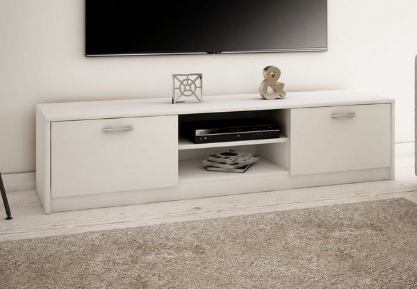 Home Collective TV-Schrank 160cm breit Lowboard mit matter Oberfläche Fernsehtisch (abgerundete Kante und Metall-Rollschienen Fernsehkommode) mit 2 Türen und 2 Regalen, aus laminiertem Board weiß