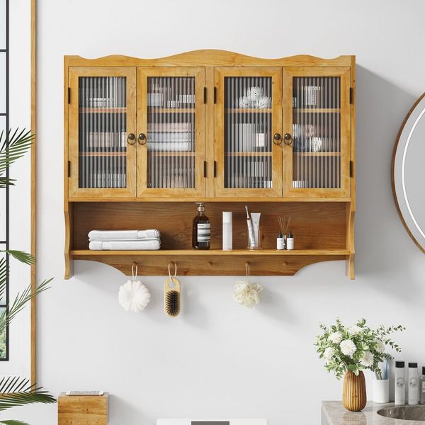 STILVORA Hängeschrank mit Glastüren&Haken,Wandschrank Badezimmerschrank mit Stauraum (100 cm Retro 4-Türiger Wandregal mit Offenem Hakenrack, Robustes Design aus Holz und Glas, 35 kg Tragkraft)
