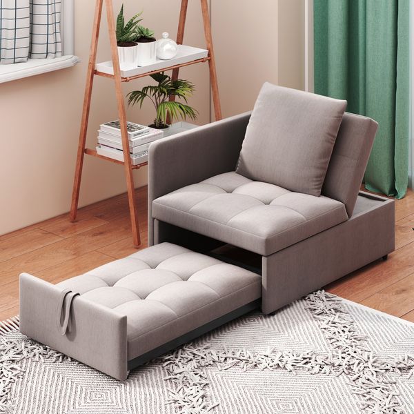 Schlafsofa 177x68x65 cm Grau aus Leinen mit 5-fach verstellbarer Rückenlehne und 3-in-1-Funktion