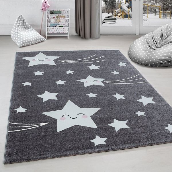 Carpettex Kinderteppich Sterne-Design, Rund, Höhe: 11 mm, Kinderteppich Stern-Design Grau Baby Teppich Kinderzimmer Pflegeleicht