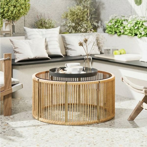 Outsunny Gartentisch Couchtisch mit gehärteter Glasplatte Stahlrahmen (Kaffeetisch, 1-St, Beistelltisch aus Polyrattan), für Garten Terrasse Balkon, 70 x 70 x 33 cm Braun