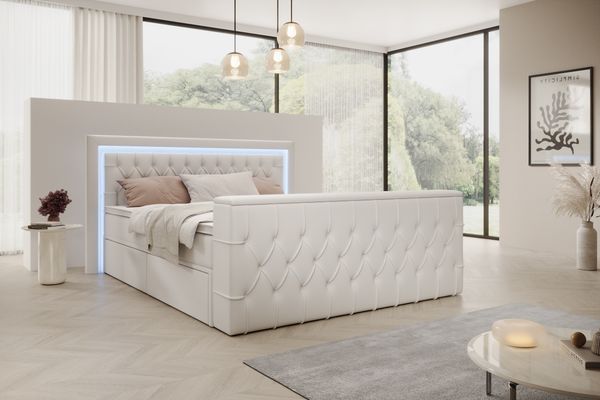 Boxspringbett Arosa TV, Boxspringbett mit Schubladen, TV-Lift LED Beleuchtung, Doppelbett mit Matratze, Kunstleder, 180 x 200 cm, Weiß