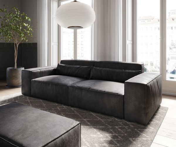 Big-Sofa Sirpio 230x95 cm Lederimitat Vintage Anthrazit mit Hocker