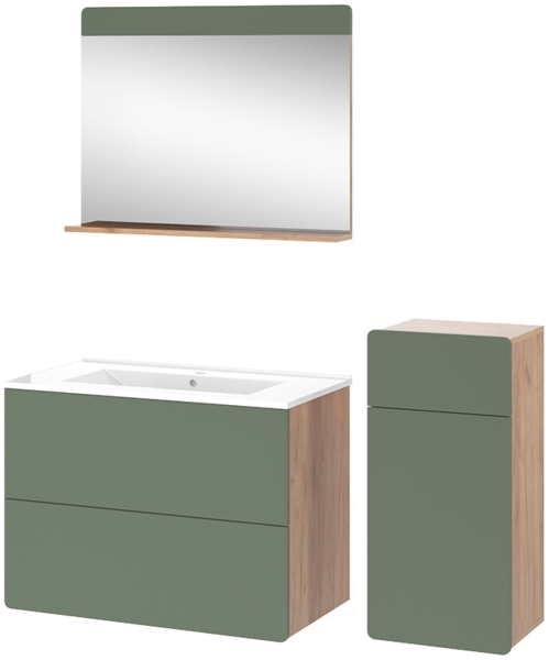 Badmöbel-Set Izan Goldkraft Eiche/Grün 4 Teile mit Midischrank Vicco