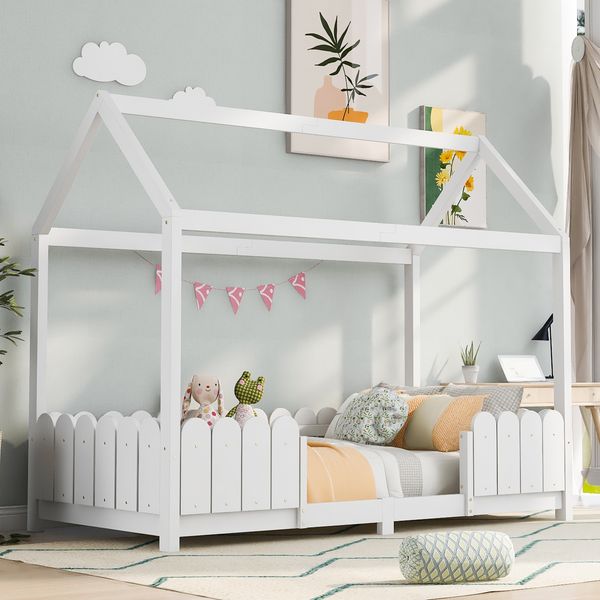 Kinderhausbett 90×200 cm mit Rausfallschutz und Lattenrost, Weiß, ohne Matratze