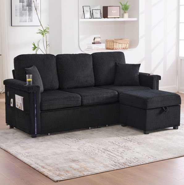Sofa mit USB-Anschluss, LED & Stauraum, 194 x 127 x 81 cm, Schwarz