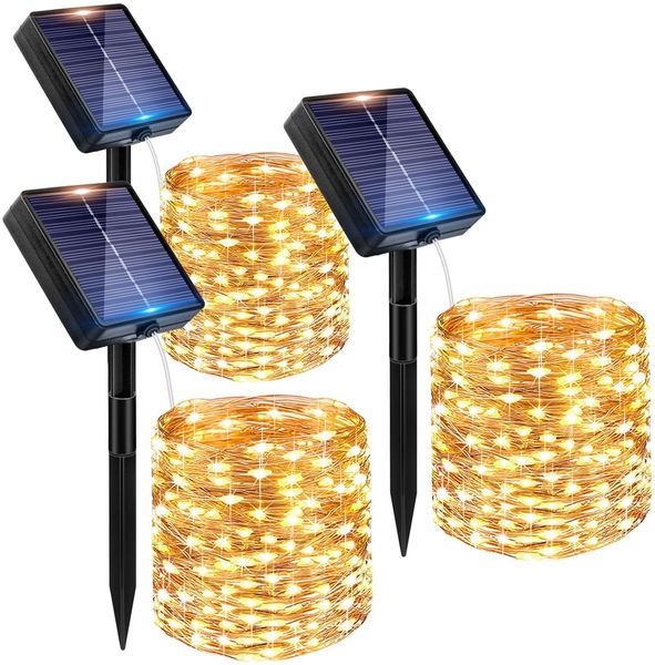 Peasur 3 Stücke Solar Lichterkette Aussen, 3x12M 120 LED Solarlichterkette Außen Wetterfest, 8 Modi IP65 Wasserdicht Kupferdraht Lichterkette Outdoor für Balkon Garten Party Hochzeit Deko, Warmweiß
