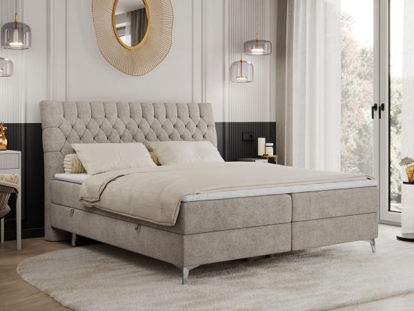 Boxspringbett mit 2 Bettkästen Matratze und Topper - MILEN - 140x200cm - Beige Stoff - H4