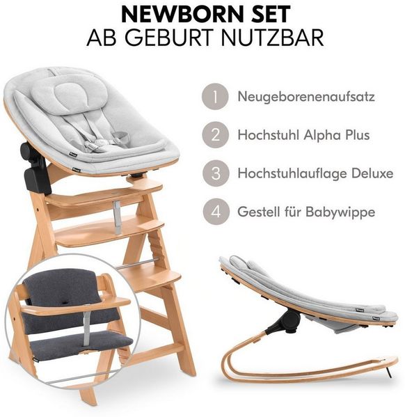 Hauck Hochstuhl Alpha Plus Natur Newborn Set Eco - Light Grey (Set), Holz Babyhochstuhl ab Geburt inkl. Neugeborenenaufsatz & Sitzauflage