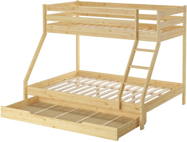 Doppel-Etagenbett 140x200 und 90x200 Erwachsenen-Stockbett Kiefer, Rollrost und Bettkasten inkl.