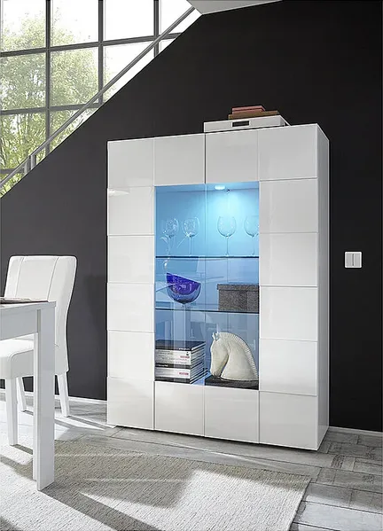 Vente-unique - Vitrinenschrank mit 2 Türen + LEDs - Weiß lackiert - CALISTO