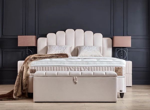 abc bedding Boxspringbett JAZZLYN Beige Samt Voll-orthopädisch mit Bettkasten Stauraum