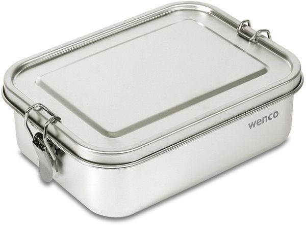 wenco Lunchbox aus Edelstahl, Mit 2 Fächern, Brotdose groß mit 1,5 liter Fassungsvermögen, Wasserdicht, Spülmaschinengeeignet, inkl. Ersatz-Silikonring, 21,5 x 16,5 x 7,0 cm, Silber.