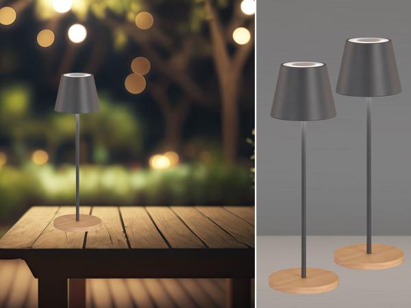 2er SET Outdoor Akku Tischlampen Grau / Holz ohne Kabel mit RGB, 38cm