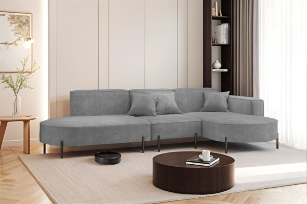 Ecksofa Designersofa VALENCIA in Stoff Noel Grau Ottomane Rechts