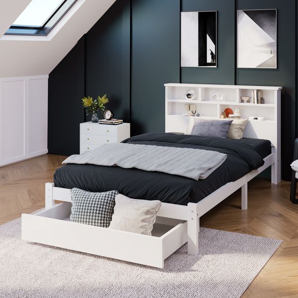 Kindereinzelbett 90×200 cm aus Massivholz mit Schubladen und Bücherregal, weiß