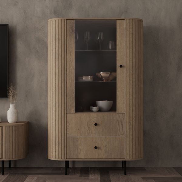 Ovalio Vitrine Typ 112 Standvitrine Schublade Modern Wohnzimmer Farbwahl Sandbeige, Cremona-Eiche und Dunin-Eiche