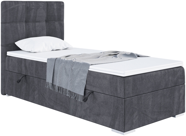 MEBLINI Boxspringbett KAI 90x200 cm mit Bettkasten - H4/Dunkelgrau Samt Gepolstert Einzelbett mit Topper & Taschenfederkern-Matratze - 90x200 Links