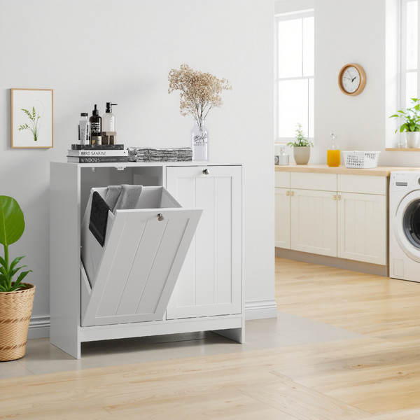 Wäscheschrank mit 2 Körben Sortierer Aufbewahrung für Badezimmer Waschküche,Weiß