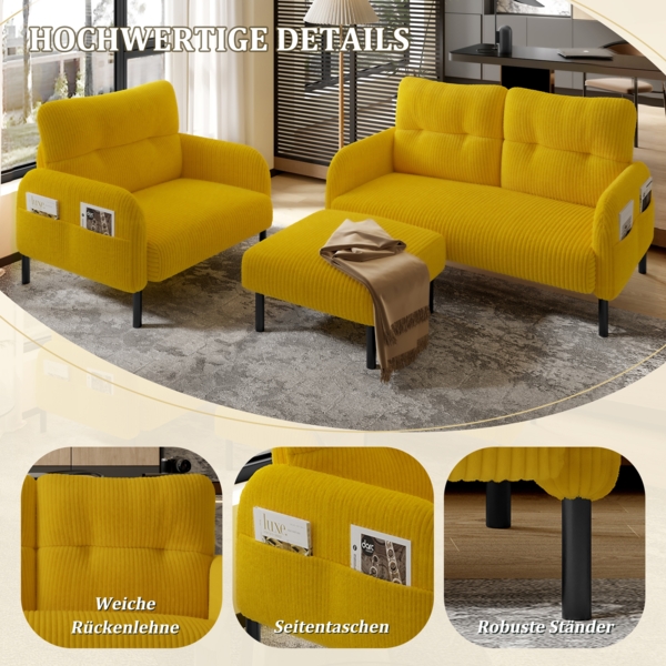 LVHOM Cord 3er-Set 2-Sitzer+Sessel+Hocker, Flexibel für Wohnzimmer Ecksofa mit Seitentaschen, Sitzgruppe Gelb Bild 4