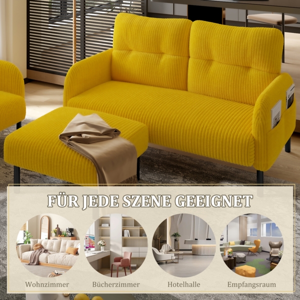 LVHOM Cord 3er-Set 2-Sitzer+Sessel+Hocker, Flexibel für Wohnzimmer Ecksofa mit Seitentaschen, Sitzgruppe Gelb Bild 7