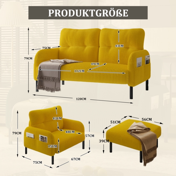 LVHOM Cord 3er-Set 2-Sitzer+Sessel+Hocker, Flexibel für Wohnzimmer Ecksofa mit Seitentaschen, Sitzgruppe Gelb Bild 2