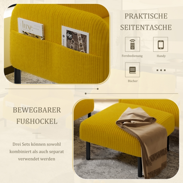 LVHOM Cord 3er-Set 2-Sitzer+Sessel+Hocker, Flexibel für Wohnzimmer Ecksofa mit Seitentaschen, Sitzgruppe Gelb Bild 5