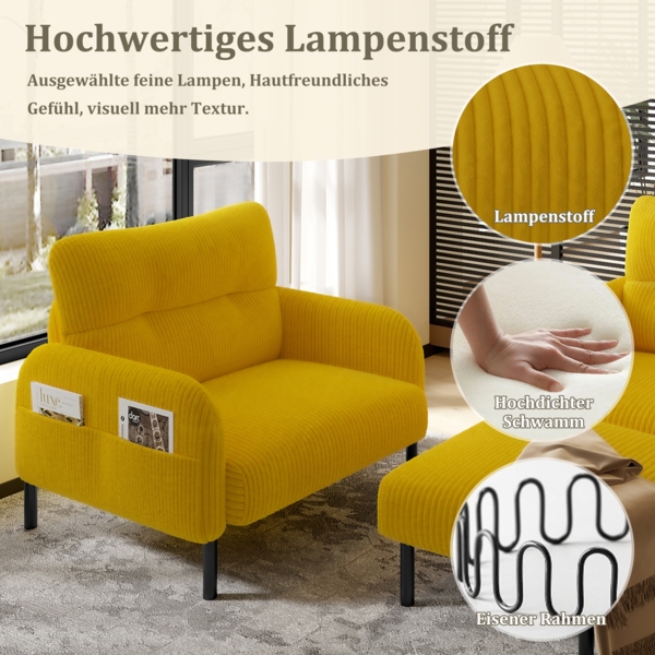 LVHOM Cord 3er-Set 2-Sitzer+Sessel+Hocker, Flexibel für Wohnzimmer Ecksofa mit Seitentaschen, Sitzgruppe Gelb Bild 6