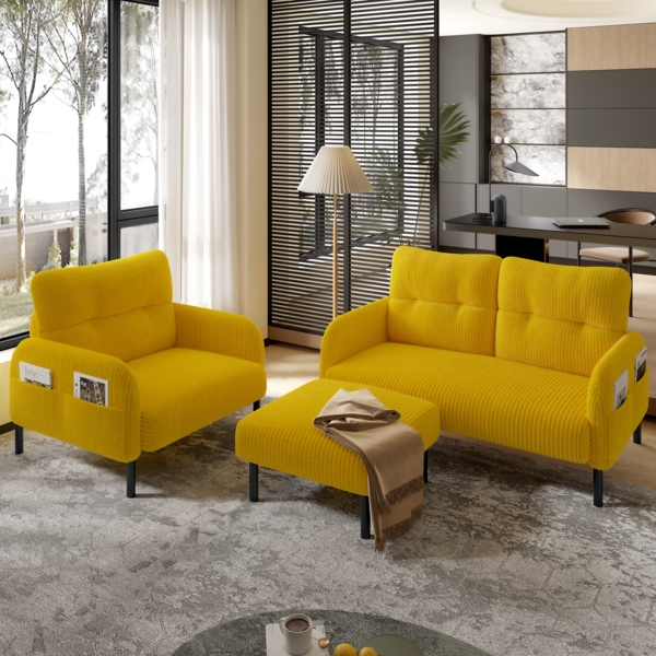 LVHOM Cord 3er-Set 2-Sitzer+Sessel+Hocker, Flexibel für Wohnzimmer Ecksofa mit Seitentaschen, Sitzgruppe Gelb Bild 1