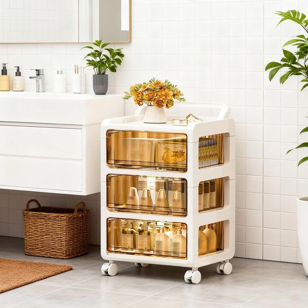 GarveeLife Kunststoff-Schubladenbox mit Rollen & Ergonomischem Griff, 36L Schubladen 3-Stufiger, Aufbewahrungsschrank Rollcontainer für Schlafzimmer, Schule, Büro, 33 x 38 x 71 cm