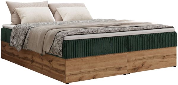 Polsterbett mit Bettkasten, Boxspringbett ohne Kopfteil WOOD ZERO, 7-Zonen Multipocket-Matratze und Topper, modernes Bett für Schlafzimmer - Dunkelgrün Cordstoff - 200 x 200 cm - H3 Bild 4