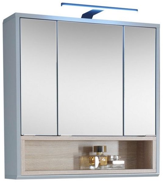 TUNIS Spiegelschrank Bad mit LED-Beleuchtung in Grau / Eiche Sonoma Optik - Badezimmerspiegel Schrank mit viel Stauraum - 65 x 65 x 16 cm (B/H/T)