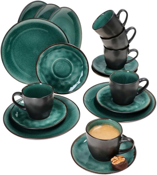 18tlg. Kaffeeservice Reactive Glaze Green Steingut Kuchen-Teller Tasse Mint-Grün