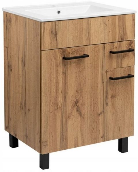 STAMAR Waschbeckenunterschrank Badmöbel Set 60cm Eiche Wotan Unterschrank mit Keramikwaschbecken Schrank mit oder ohne Armatur Siphon 2 Türen Schublade Schwarz Griffe