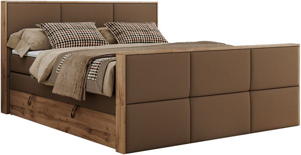 Doppelbett, Boxspringbett mit zwei Multipocket-Matratzen und ein Topper, Bettkästen, Eiche Wotan Holzrahmen, genähtes Kopfteil und Front - ALBERO 2 KING DUO - 160 x 200 cm - Braun Kunstleder - H4 Bild 4