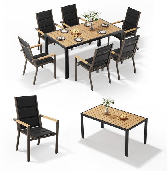 HOMALL Garten-Essgruppe 150/180cm Holzoptik Aluminiumtisch und Gartenstühle mit Holzarmlehnen, (7-tlg), Stapelbare Gartenstühle bis 160kg, rostfreier Aluminiumtisch bis 100kg