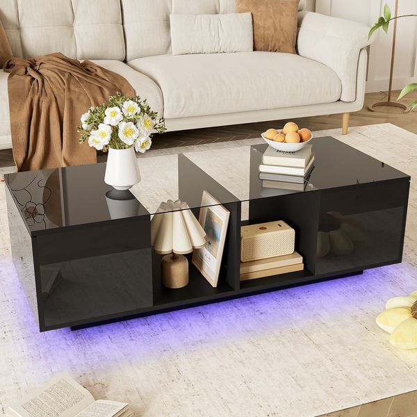 Couchtisch 120x50x38.5 cm, Schwarz, Hochglanz/Matt mit Glasplatte und steuerbarer LED
