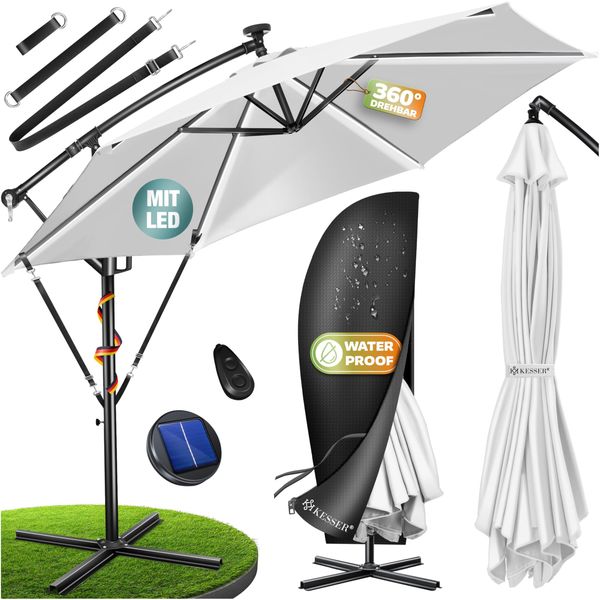 KESSER® Alu Ampelschirm LED Solar + Abdeckung mit Kurbelvorrichtung UV-Schutz Aluminium mit An-/Ausschalter Wasserabweisend - Sonnenschirm Schirm Gartenschirm 350cm, Weiß