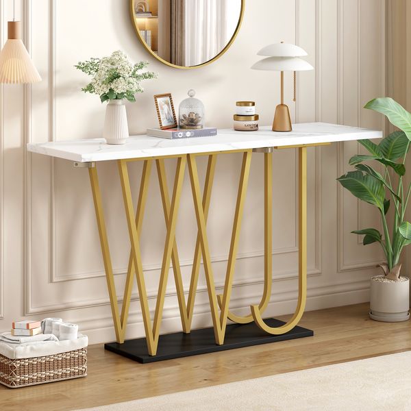 Konsolentisch 120 cm mit Marmoroptik Tischplatte, Metallgestell Gold, Flurtisch Beistelltisch Sideboard