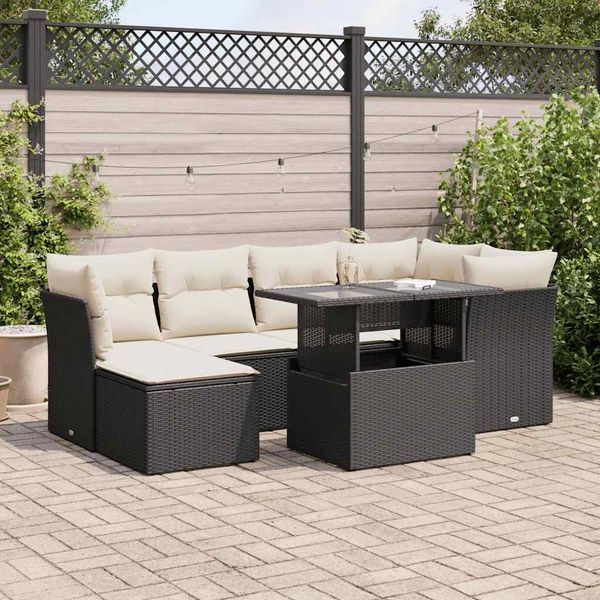 vidaXL 7-tlg. Garten-Sofagarnitur mit Kissen Schwarz Poly Rattan 3326187