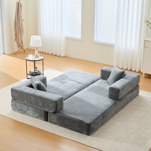 Sofa 198x79x60 cm Dunkelgrau aus Chenille mit modularer Bauweise, Seitentaschen, Anti-Rutsch-Unterseite und Reißverschluss