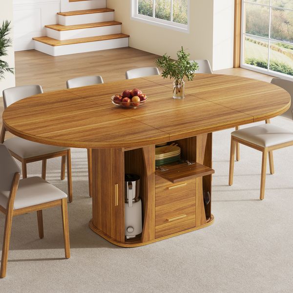 Ausziehbarer Beistelltisch MDF in Walnuss, 118-158 x 118 x 77 cm, mit Stauraum und Klappmechanismus